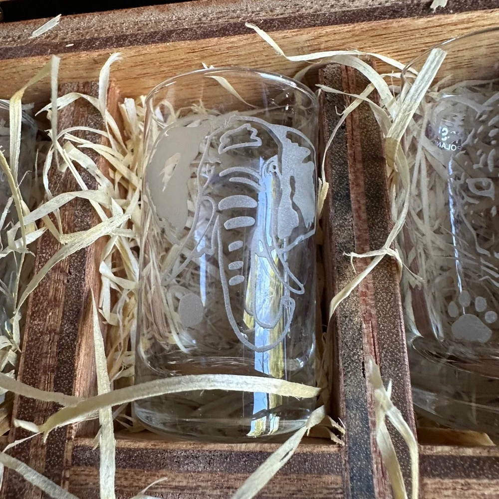 Krosno Poland Big 5 African Wildlife Etched Shot Glass Set 5pc Slatted Wood Box